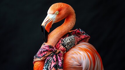 Elegant flamingo with a scarf and patterned outfit posing in influencer style
