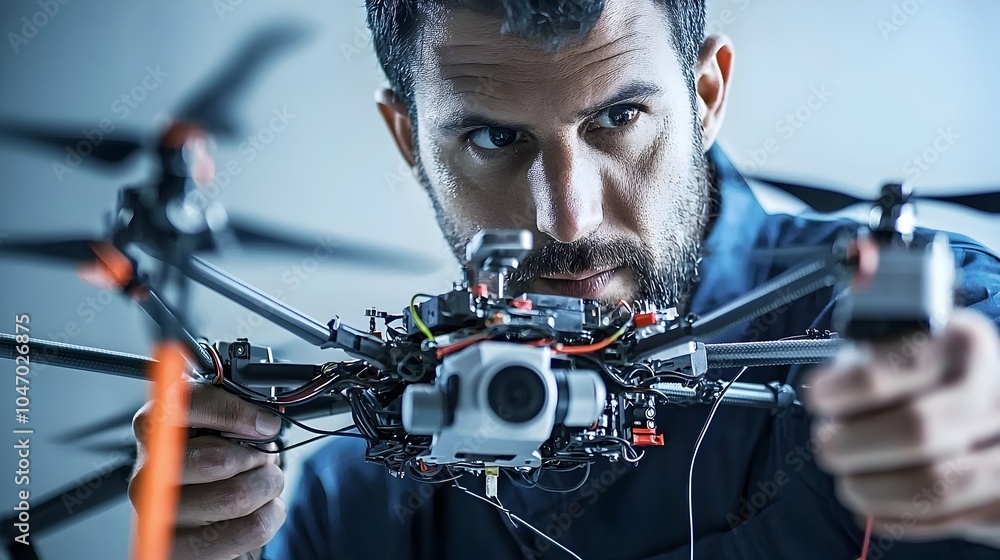 Poster skilled latin american mechanical engineer thoroughly testing and analyzing drone mechanics and adva