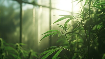 Hemp leaves growing on a cannabis plant in a medicinal farm greenhouse, with space for healthcare or farming-related content and text