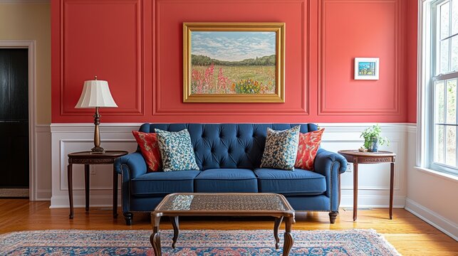 Elegant preppy style living room with accent wall and classic decor