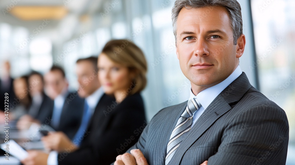 Aufkleber senior executive standing at a conference table during an important business meeting while colleague