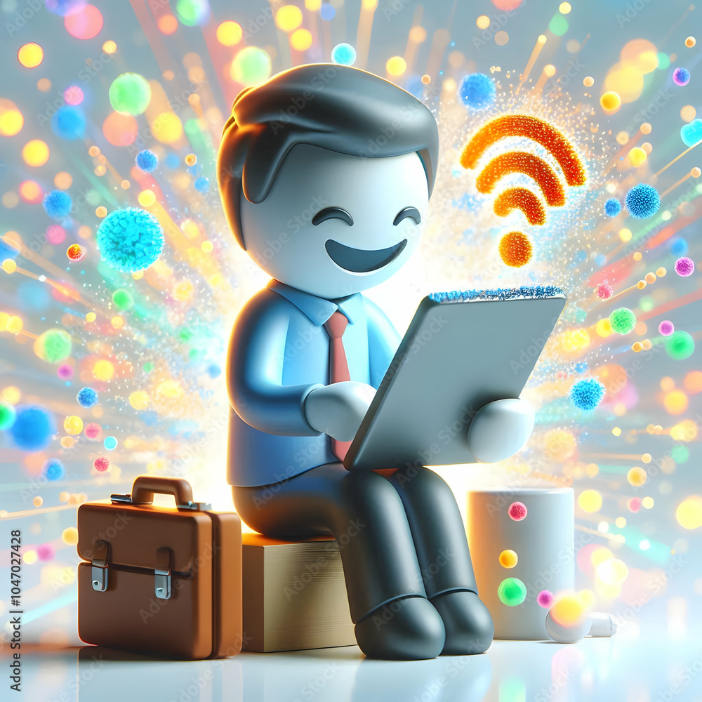 Poster 3d bokeh digital art happy freelancer working tablet vibrant abstract energetic background colorful 