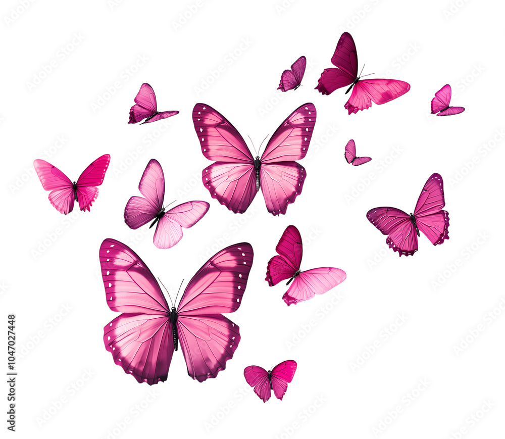 Wall mural Pink Butterflies flying isolated on transparent background. PNG file, cut out