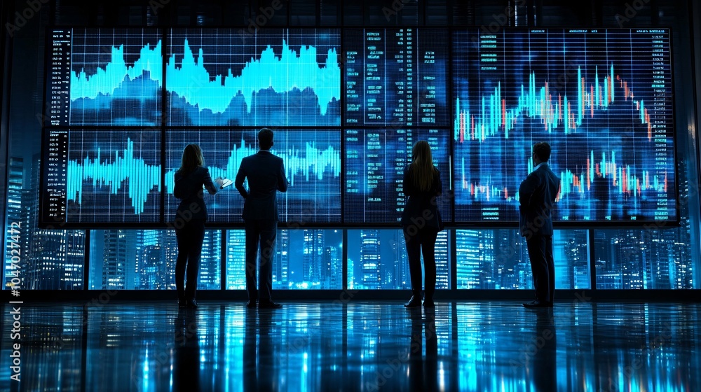 Poster senior executive standing in front of a large presentation screen explaining business trends to a gr