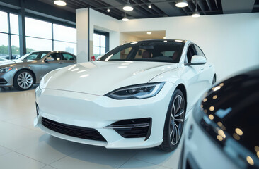 Obraz premium a close up view of a shiny car in a showroom with other vehicles in the background 