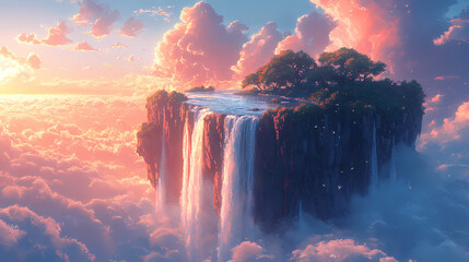 Anime-inspired illustrations of a mystical floating island with waterfalls cascading into the sky