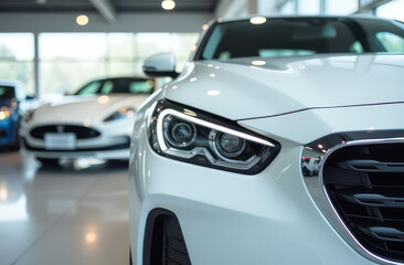 Fototapeta premium a close up view of a shiny car in a showroom with other vehicles in the background 