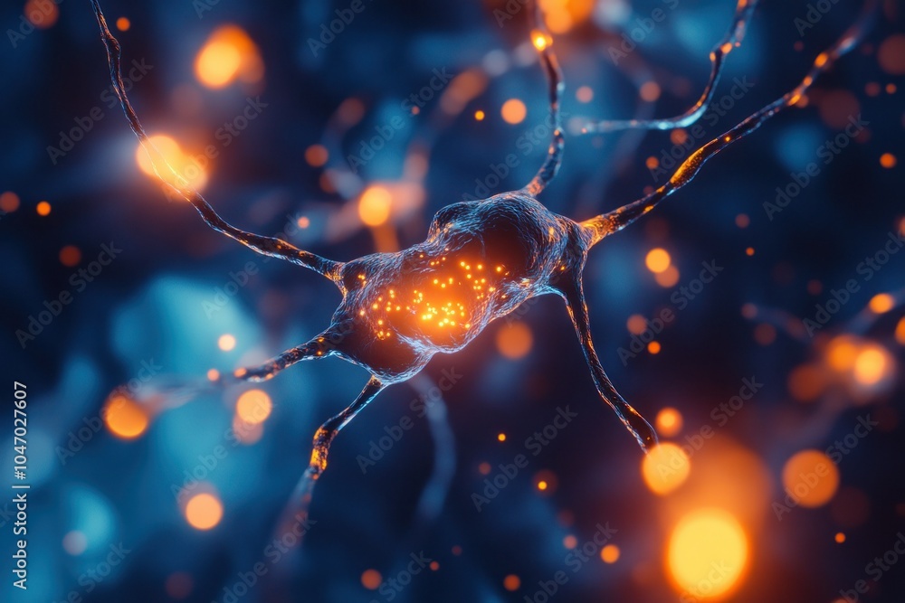 Poster abstract neuron with glowing elements in blue background