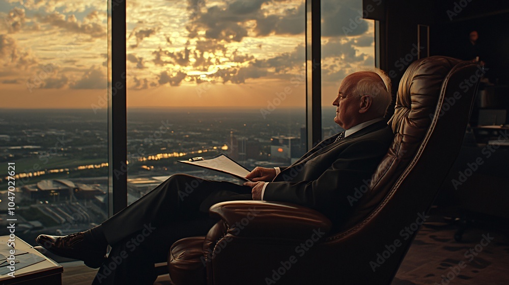 Poster senior executive sitting in an upscale office with a panoramic city view reviewing important busines