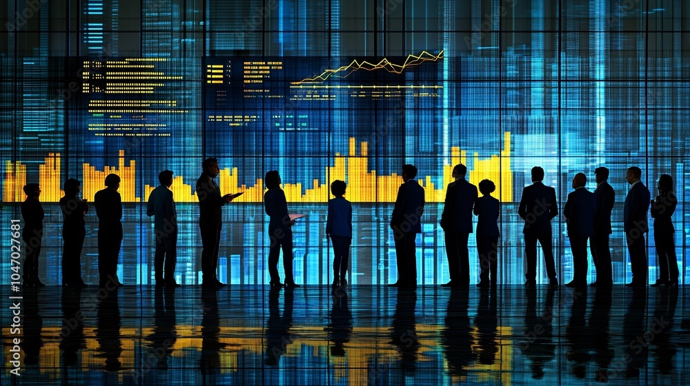 Poster Senior executive standing in front of a digital screen displaying business performance data during a team strategy meeting Stock Photo with side copy space