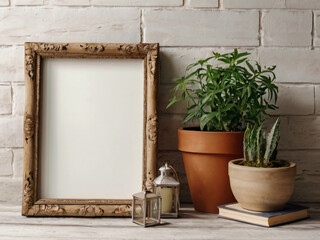 Fototapeta premium The blank wooden frame is complemented by flowers and green plants.