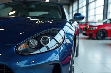 a close up view of a shiny car in a showroom with other vehicles in the background 