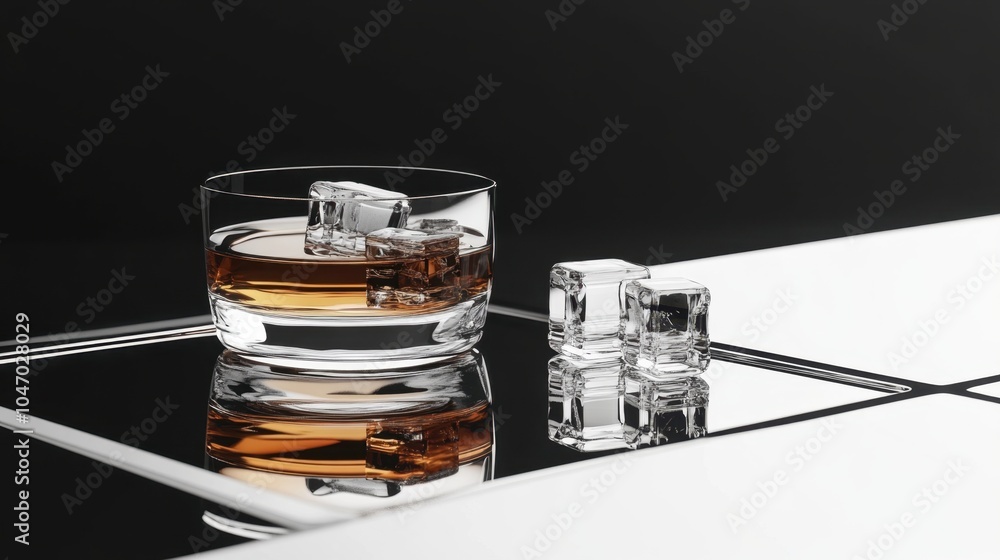 Poster isolated whiskey glass with ice cubes on a mirrored table against a dark backdrop, with ample copy s