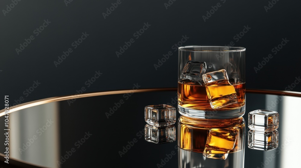 Poster isolated whiskey glass with ice cubes on a mirrored table against a dark backdrop, with ample copy s