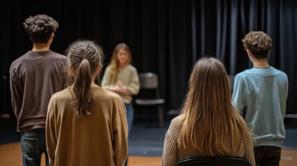 Theater rehearsal with students preparing for a dramatic performance