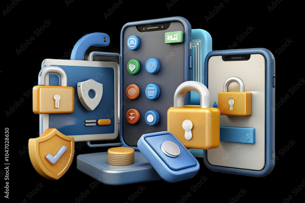 Poster business illustration secure mobile devices digital locks encrypted data flows copy space mobile dat