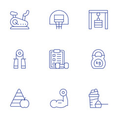 Fitness icons set. Thin Line style, editable stroke. basketball, checklist, exercise, handgrip, nutrition, stationary bike, gym station, kettlebell, protein shake