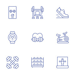 Fitness icons set. Thin Line style, editable stroke. bracelet, dumbbells, smartphone, gym, heart, pilates, running, stationery bicycle, virtual reality fitness