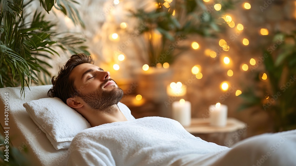 Poster senior executive reclining on a comfortable lounge chair in a luxury spa setting surrounded by seren