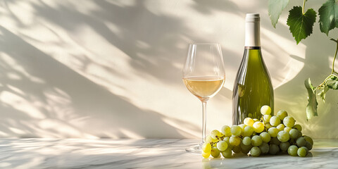 Obraz premium a bottle of white wine next to a full glass and fresh green grapes on a white marble surface bathed in soft sunlight. Copy space