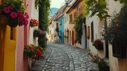 Fototapeta premium A charming European village with cobblestone streets, colorful buildings, and flower boxes.