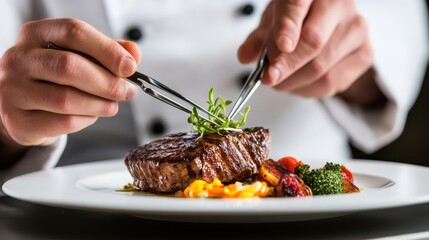 A chef carefully plating a gourmet meal with tweezers, showcasing delicate and precise presentation.