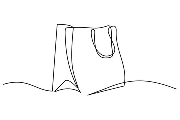 Shopping bag in continuous line art drawing style. Paper package black linear sketch isolated on white background. Vector illustration