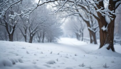 Snowy winter landscape with blurred background, snow-covered tree branches, and falling snowflakes.