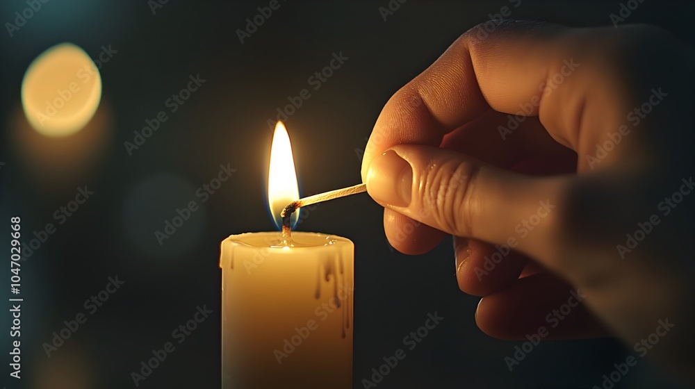 Aufkleber a hand carefully lighting a single candle with the flame from a match casting a warm glow and illumi