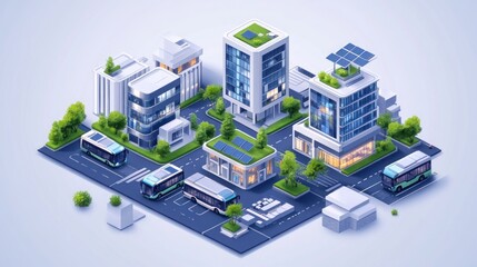 Obraz premium Isometric 3D illustration of a modern city with green buildings, solar panels, and electric buses.