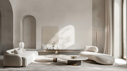 A luxurious and opulent lounge area with a white canvas backdrop, Selectively curated minimalist furnishings, Luxe minimalist style