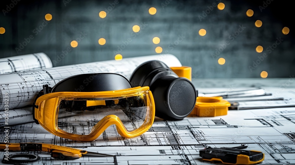 Poster A set of safety goggles and ear defenders resting on a technical blueprint table in an industrial or engineering workspace