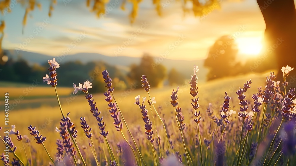 Aufkleber a stunning lavender field bathed in the soft golden glow of the setting sun creating a serene and en
