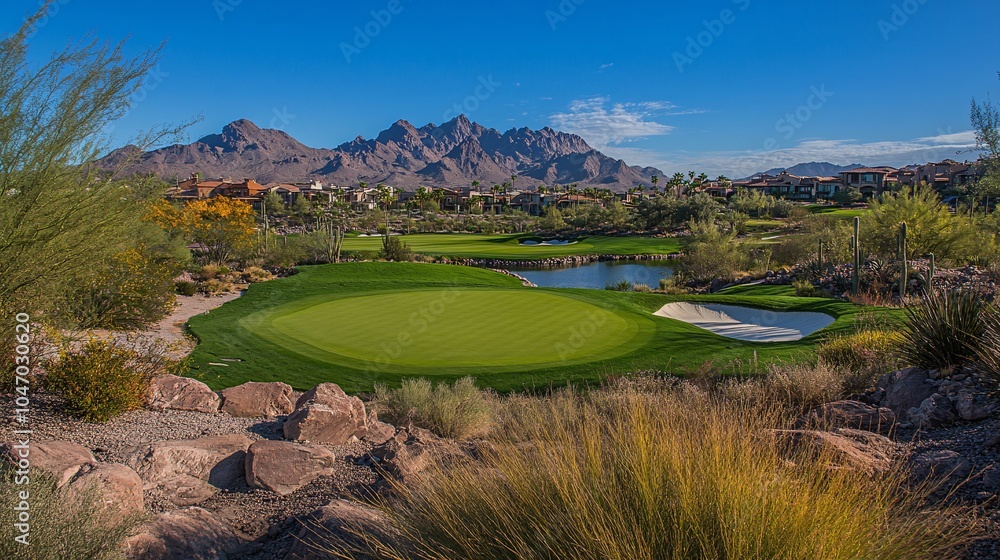 Poster senior executive playing a round of golf on a pristine course under clear blue skies taking time to 
