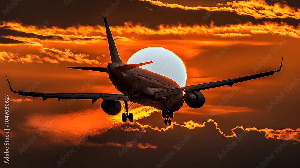 Aufkleber An airplane silhouetted against the sun s radiant path leaving a distinct contrail in its wake creating a captivating and scene in the vast open sky