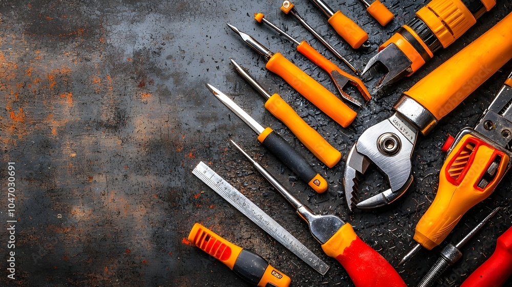 Poster An array of precision engineering tools and instruments neatly organized on a metallic workbench surface