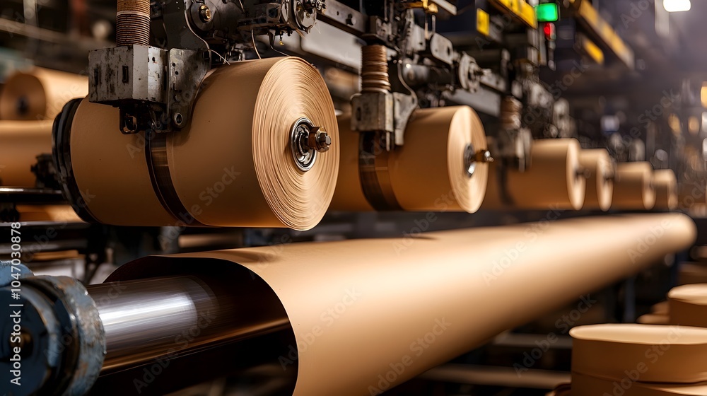 Poster Automated industrial machinery with high speed rollers feeding paper into a packaging section of a modern manufacturing factory