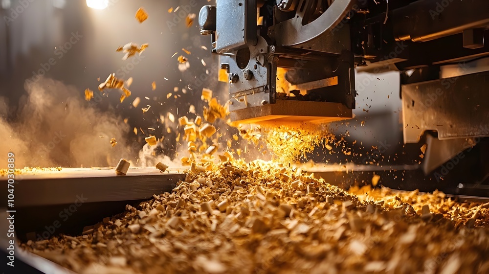 Poster Automated industrial process of pulping wood fibers to create raw paper pulp material in a modern paper manufacturing facility  The image showcases the machinery equipment