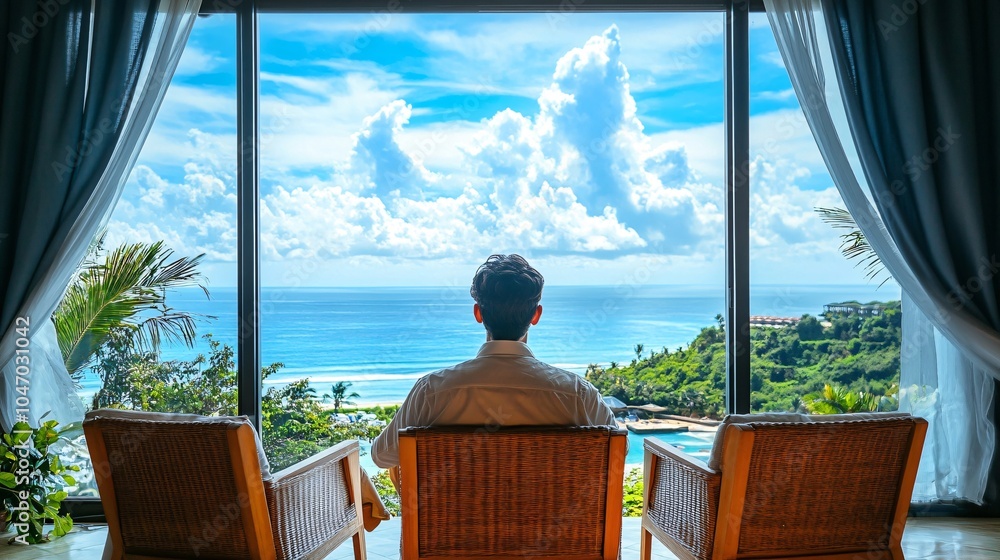 Aufkleber senior executive sitting quietly in a luxury hotel suite gazing out over a beautiful ocean view taki