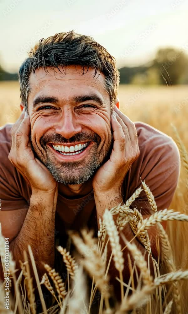 Poster a man is smiling and laying in a field of wheat. scene is happy and relaxed