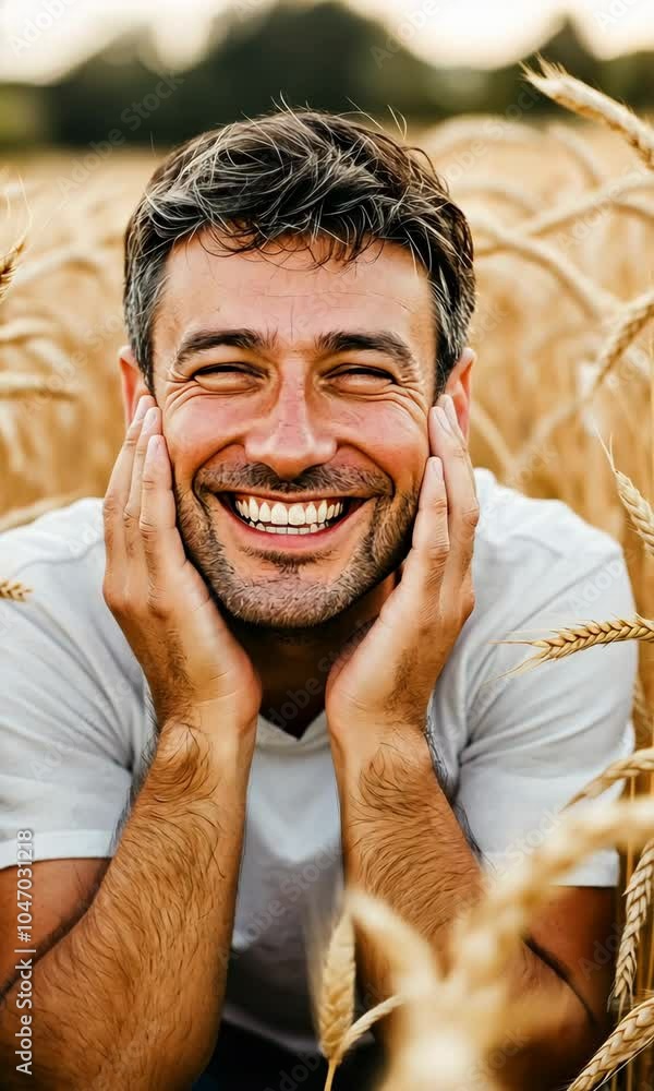 Poster a man is sitting in a field of wheat, smiling and looking at the camera. scene is happy and relaxed,