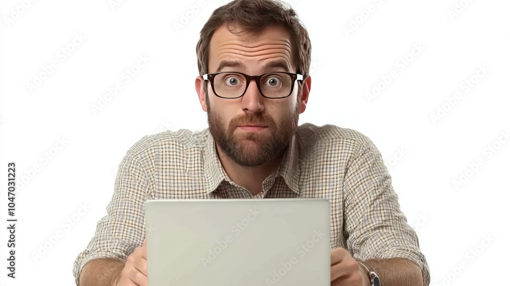 Aufkleber a software developer testing an application on a laptop, looking determined, isolated on white.