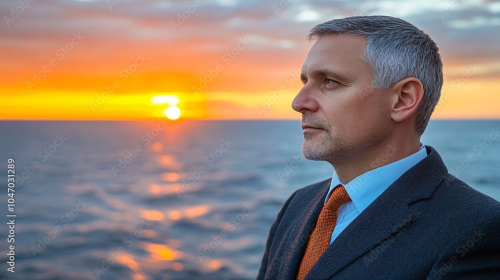 Poster Senior executive enjoying a sunset yacht cruise on calm waters with a gentle breeze adding to the relaxing atmosphere Stock Photo with side copy space