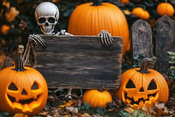 Skeleton Holding Sign with Pumpkins: A skeleton holds a blank wooden sign in front of a backdrop of pumpkins and autumn leaves, creating a spooky and festive atmosphere for Halloween.