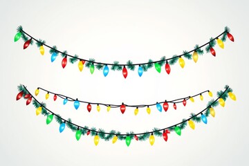 Fototapeta premium Christmas garlands with colorful bulbs, hanging in two rows with pine needles, on a bright white background.