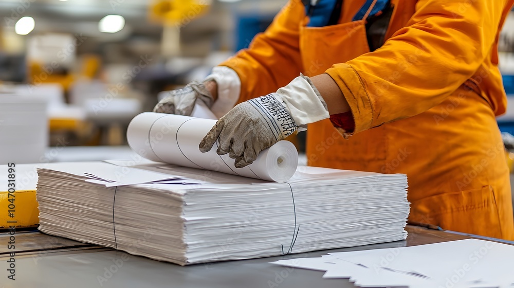 Poster bundled stacks of printing papers securely wrapped and packaged for efficient delivery and distribut