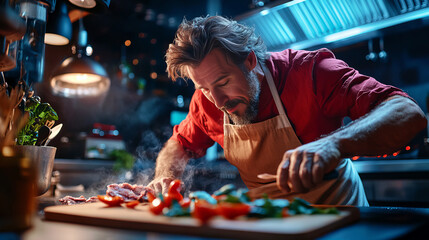 Cooking Banner Culinary Artist Preparing Dish Vivid Colors Ingredients Chef Passionate About Craft Illuminated Kitchen Scene Engaging Background Creative Process