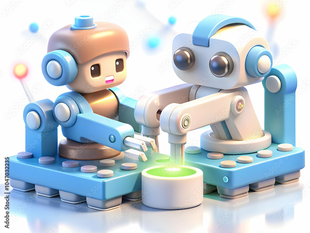 Poster soft abstract robotic arms assembling product with bokeh digital elements, advanced manufacturing il