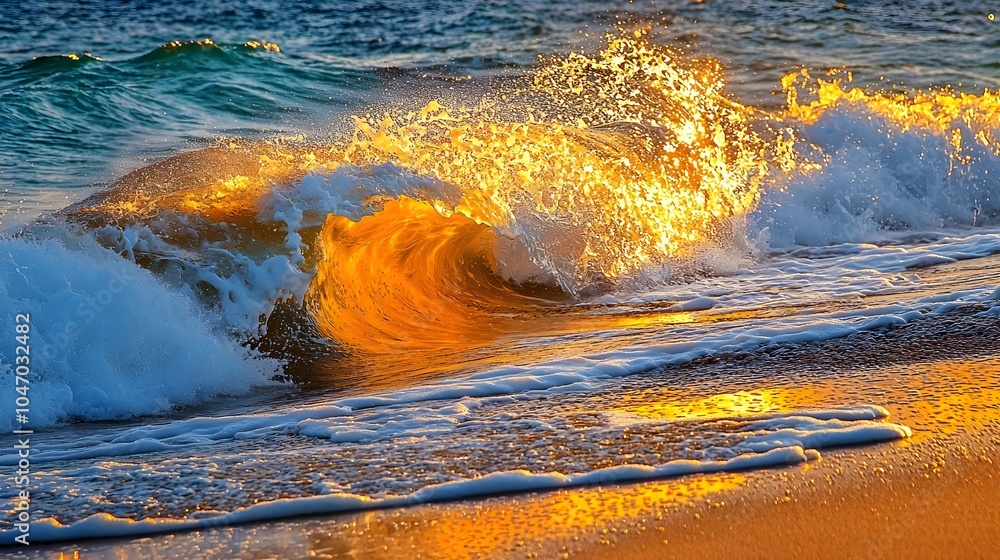 Aufkleber captivating image of crashing waves on a picturesque beach with the glowing golden reflections of th