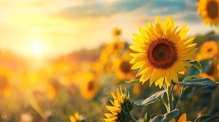 Obraz premium Captivating close up view of vibrant sunflowers basking in the warm radiant glow of a bright midday sun creating a serene and picturesque countryside landscape